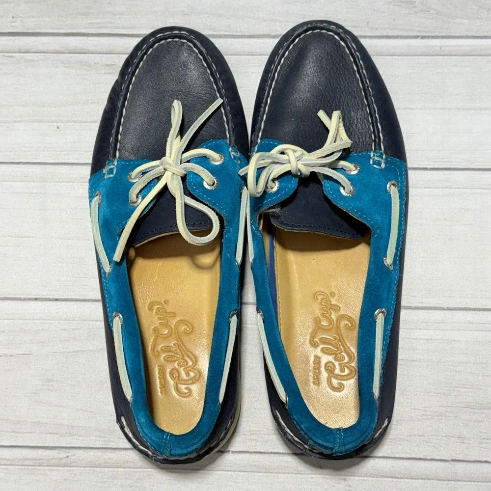 Sperry Gold Cup Boat Shoes Mens 8.5 Navy Blue Turquoise Leather Suede STS23803